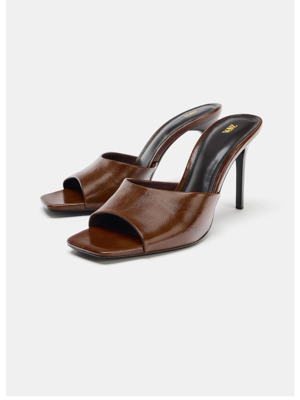 Zara Brown Open-Toe Leather High Heel Mules